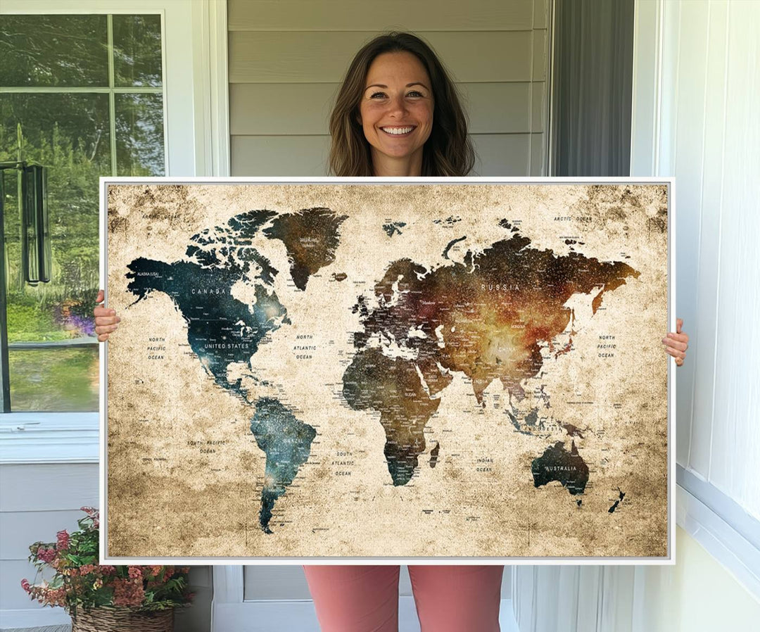 Framed Travel Wall Art Print - Grunge World Map Travel Canvas for Study, Office, or Living Room
