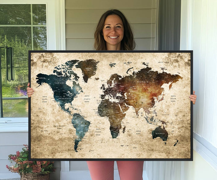 Framed Travel Wall Art Print - Grunge World Map Travel Canvas for Study, Office, or Living Room