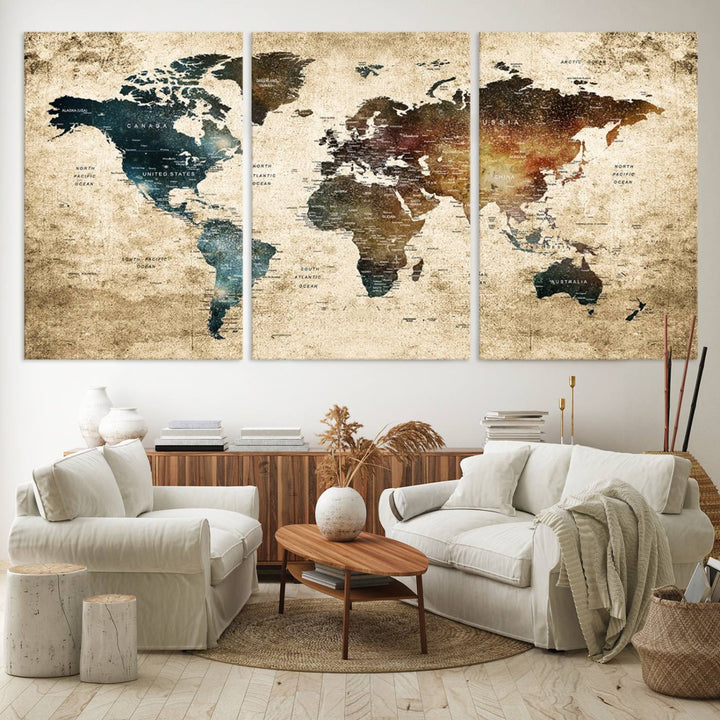 55201-MGV-CV-36X24-Framed Travel Wall Art Print - Grunge World Map Travel Canvas for Study, Office, or Living Room