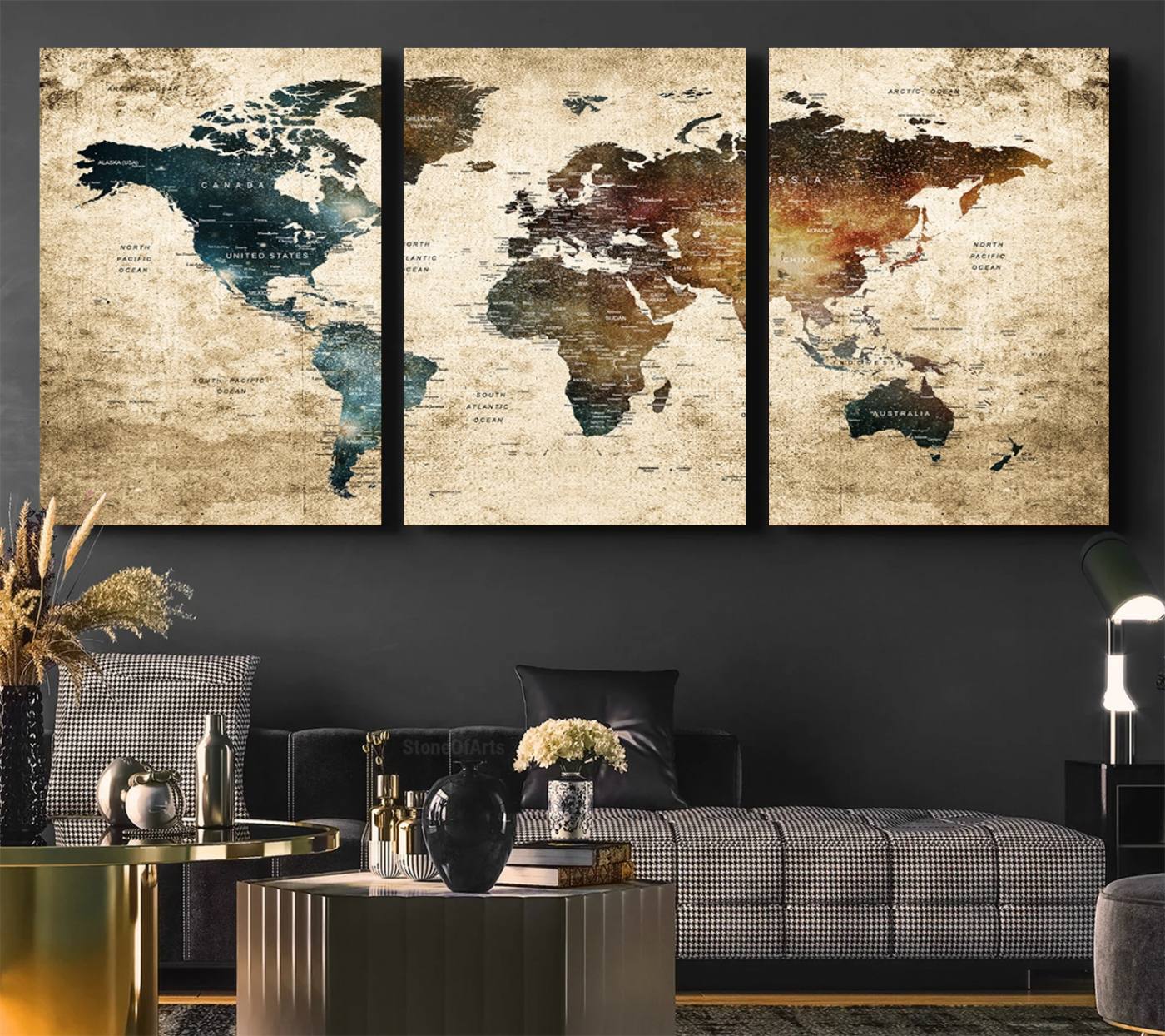 55201-MGV-CV-36X24-Framed Travel Wall Art Print - Grunge World Map Travel Canvas for Study, Office, or Living Room