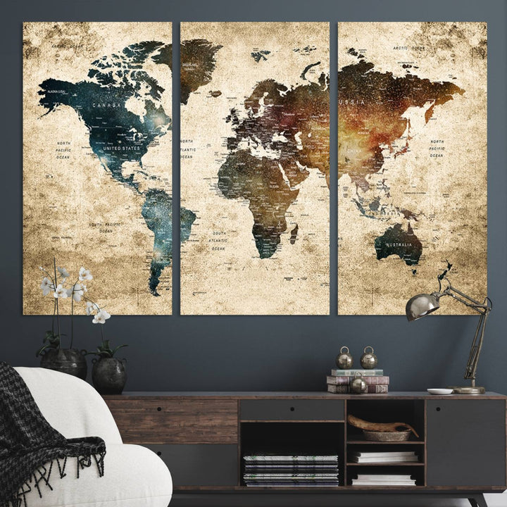 55201-MGV-CV-36X24-Framed Travel Wall Art Print - Grunge World Map Travel Canvas for Study, Office, or Living Room