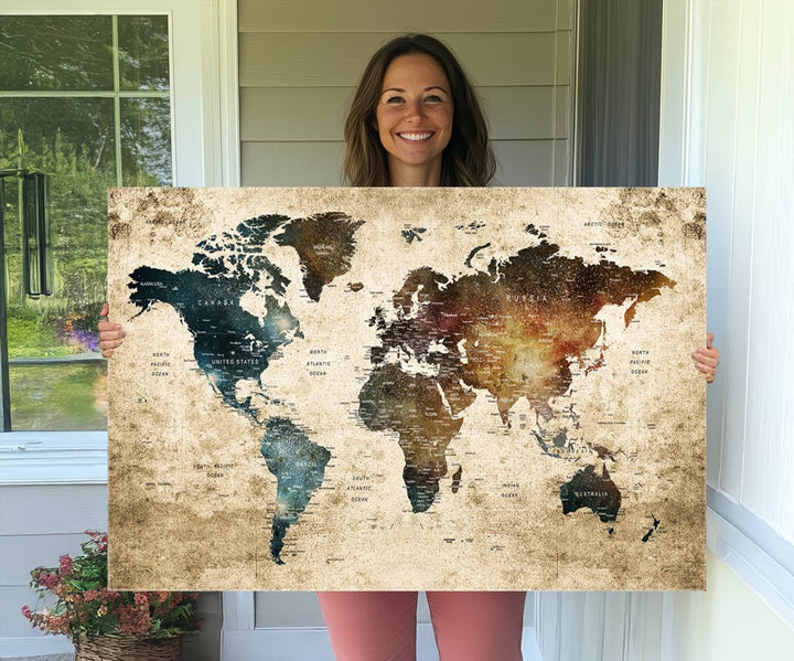 Framed Travel Wall Art Print - Grunge World Map Travel Canvas for Study, Office, or Living Room