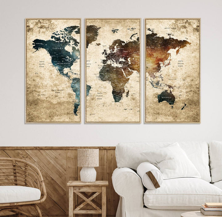 55201-MGV-CV-36X24-Framed Travel Wall Art Print - Grunge World Map Travel Canvas for Study, Office, or Living Room