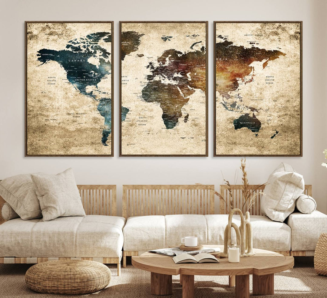 55201-MGV-CV-36X24-Framed Travel Wall Art Print - Grunge World Map Travel Canvas for Study, Office, or Living Room