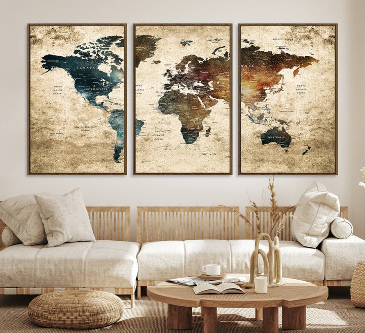 55201-MGV-CV-36X24-Framed Travel Wall Art Print - Grunge World Map Travel Canvas for Study, Office, or Living Room
