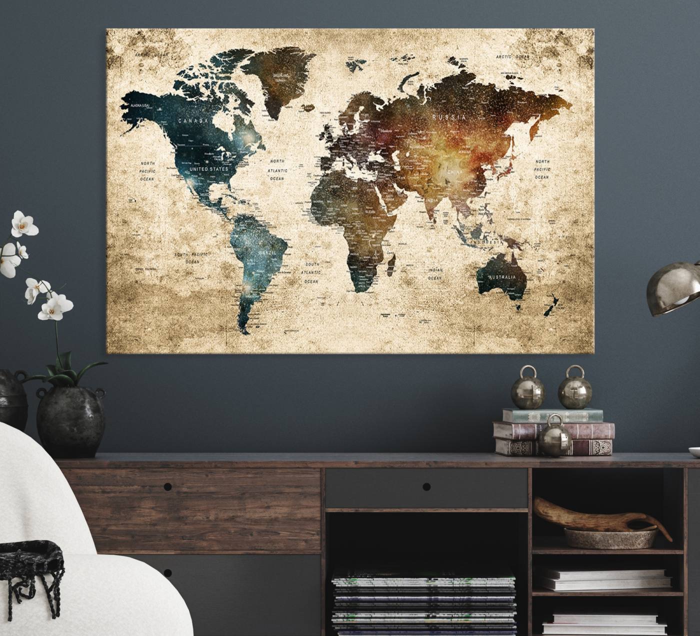 55201-MGV-CV-36X24-Framed Travel Wall Art Print - Grunge World Map Travel Canvas for Study, Office, or Living Room