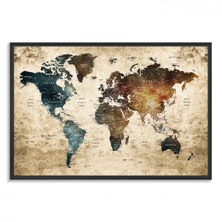 Framed Travel Wall Art Print - Grunge World Map Travel Canvas for Study, Office, or Living Room