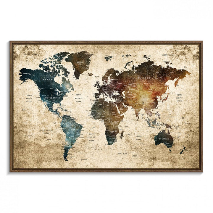 Framed Travel Wall Art Print - Grunge World Map Travel Canvas for Study, Office, or Living Room
