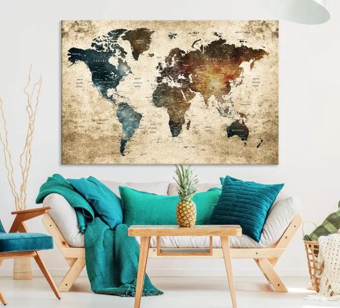 This elegant framed travel wall art print, featuring a grunge world map design, beautifully enhances the space, all gracefully highlighted under soft lighting.