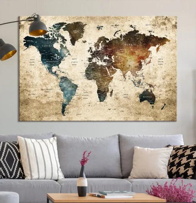 This elegant framed travel wall art print, featuring a grunge world map design, beautifully enhances the space, all gracefully highlighted under soft lighting.