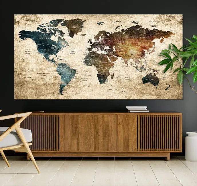 This elegant framed travel wall art print, featuring a grunge world map design, beautifully enhances the space, all gracefully highlighted under soft lighting.