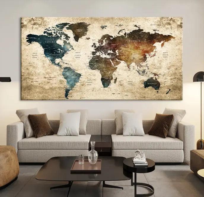 This elegant framed travel wall art print, featuring a grunge world map design, beautifully enhances the space, all gracefully highlighted under soft lighting.