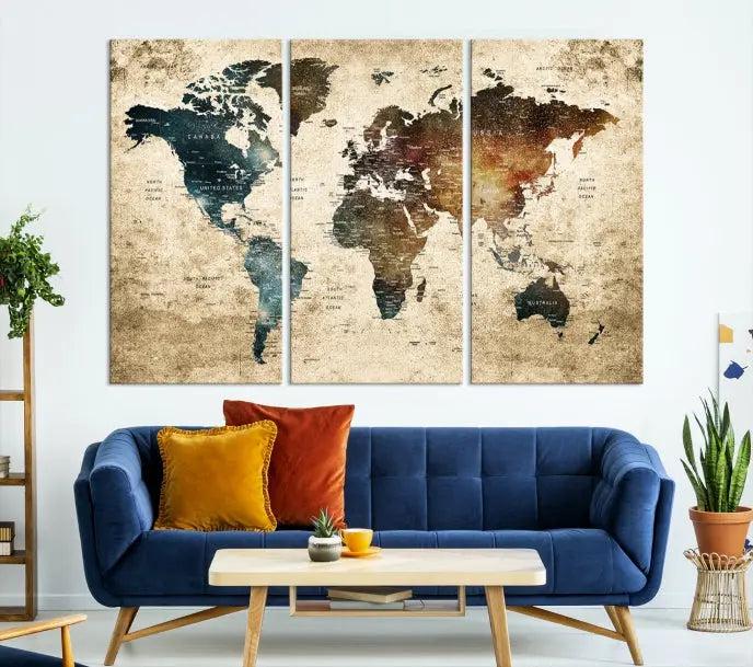 This elegant framed travel wall art print, featuring a grunge world map design, beautifully enhances the space, all gracefully highlighted under soft lighting.