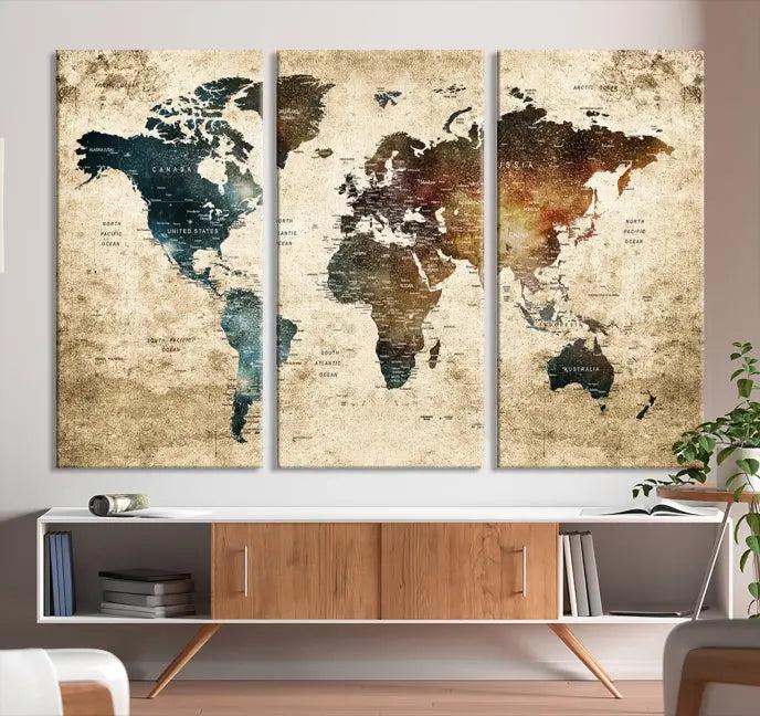 This elegant framed travel wall art print, featuring a grunge world map design, beautifully enhances the space, all gracefully highlighted under soft lighting.