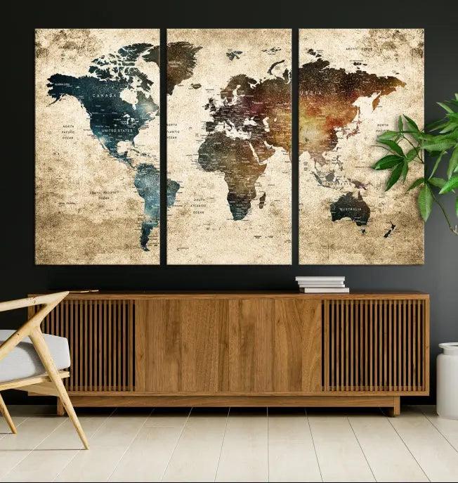 This elegant framed travel wall art print, featuring a grunge world map design, beautifully enhances the space, all gracefully highlighted under soft lighting.