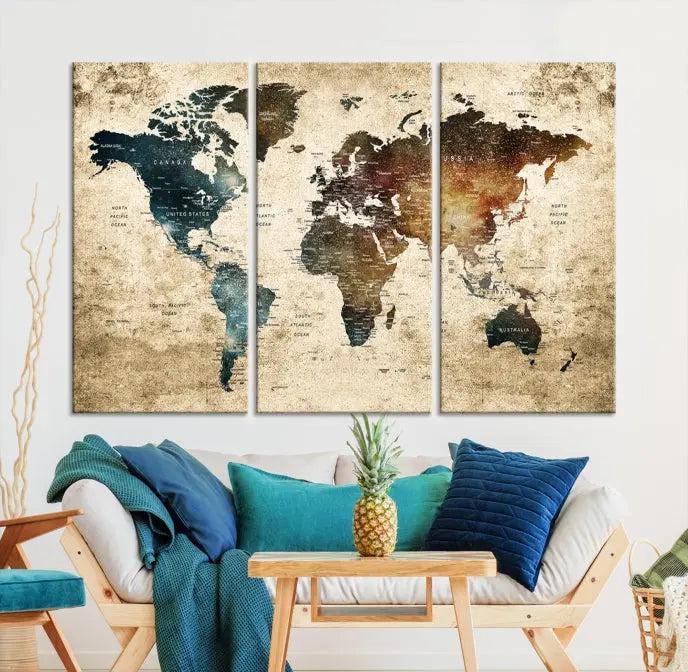 This elegant framed travel wall art print, featuring a grunge world map design, beautifully enhances the space, all gracefully highlighted under soft lighting.