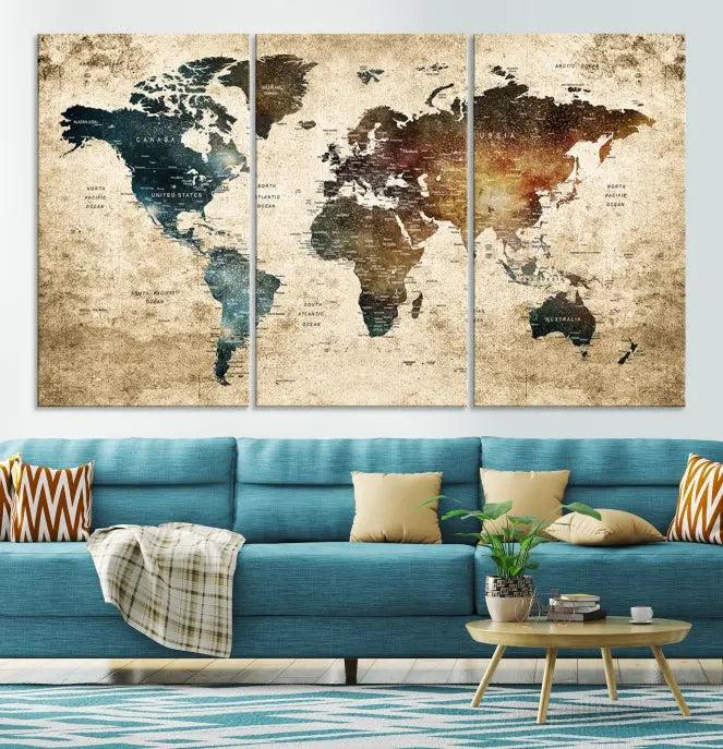 This elegant framed travel wall art print, featuring a grunge world map design, beautifully enhances the space, all gracefully highlighted under soft lighting.