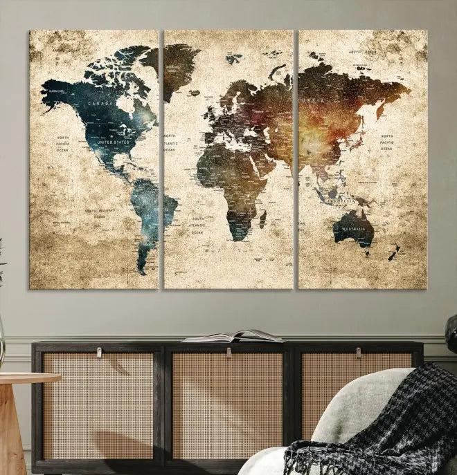 This elegant framed travel wall art print, featuring a grunge world map design, beautifully enhances the space, all gracefully highlighted under soft lighting.