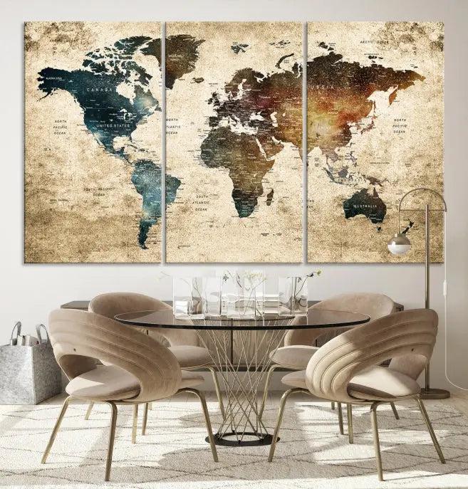 This elegant framed travel wall art print, featuring a grunge world map design, beautifully enhances the space, all gracefully highlighted under soft lighting.