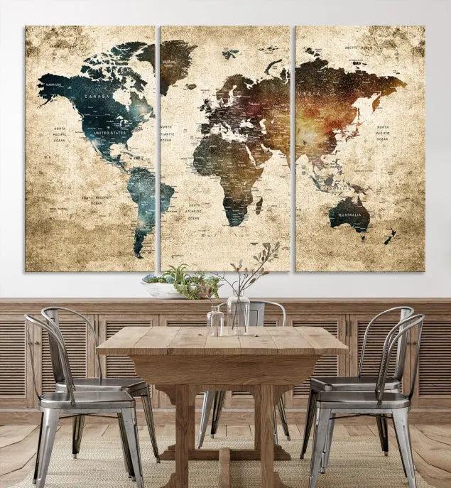 This elegant framed travel wall art print, featuring a grunge world map design, beautifully enhances the space, all gracefully highlighted under soft lighting.