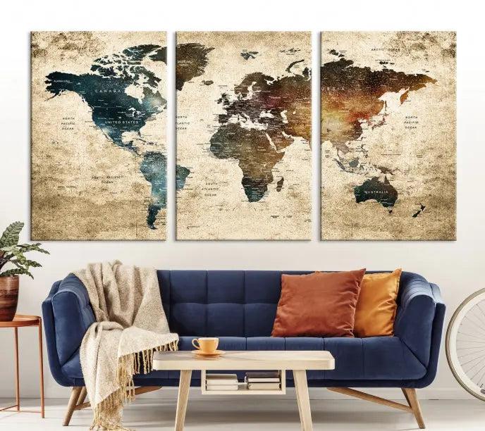 This elegant framed travel wall art print, featuring a grunge world map design, beautifully enhances the space, all gracefully highlighted under soft lighting.