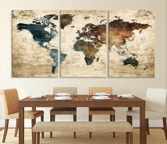 This elegant framed travel wall art print, featuring a grunge world map design, beautifully enhances the space, all gracefully highlighted under soft lighting.