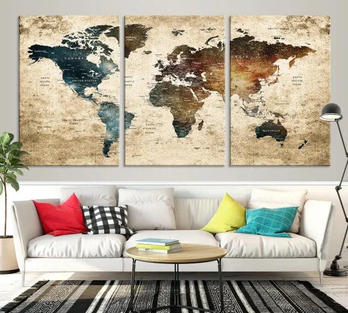 This elegant framed travel wall art print, featuring a grunge world map design, beautifully enhances the space, all gracefully highlighted under soft lighting.