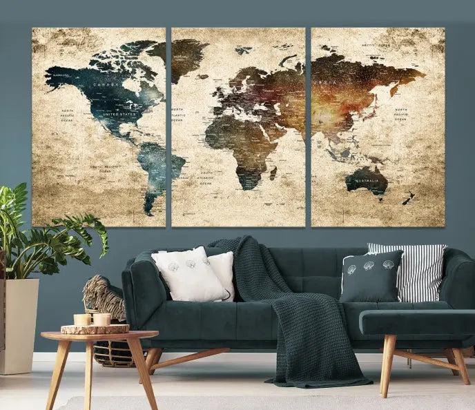 This elegant framed travel wall art print, featuring a grunge world map design, beautifully enhances the space, all gracefully highlighted under soft lighting.