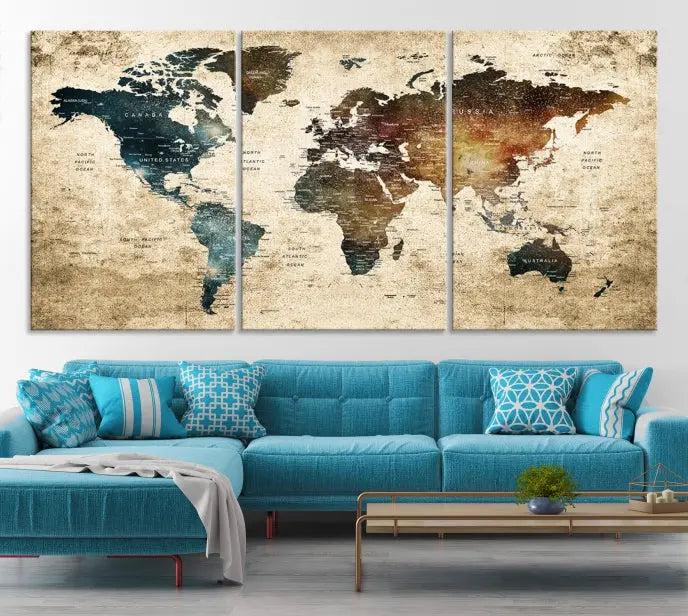 This elegant framed travel wall art print, featuring a grunge world map design, beautifully enhances the space, all gracefully highlighted under soft lighting.