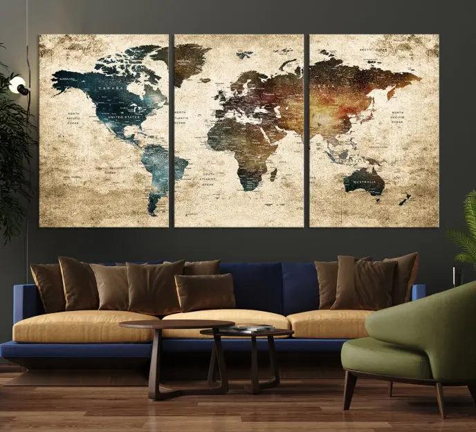 This elegant framed travel wall art print, featuring a grunge world map design, beautifully enhances the space, all gracefully highlighted under soft lighting.