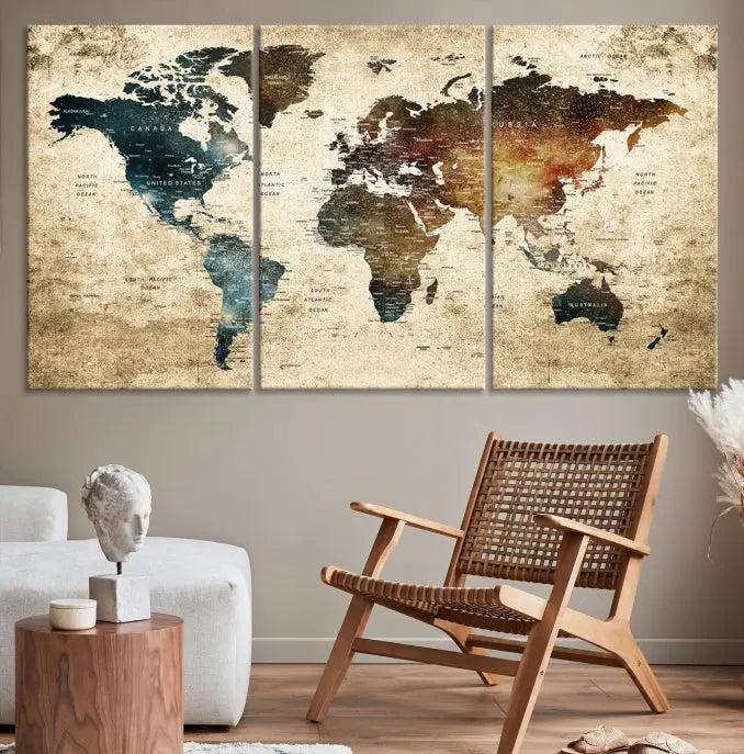 This elegant framed travel wall art print, featuring a grunge world map design, beautifully enhances the space, all gracefully highlighted under soft lighting.