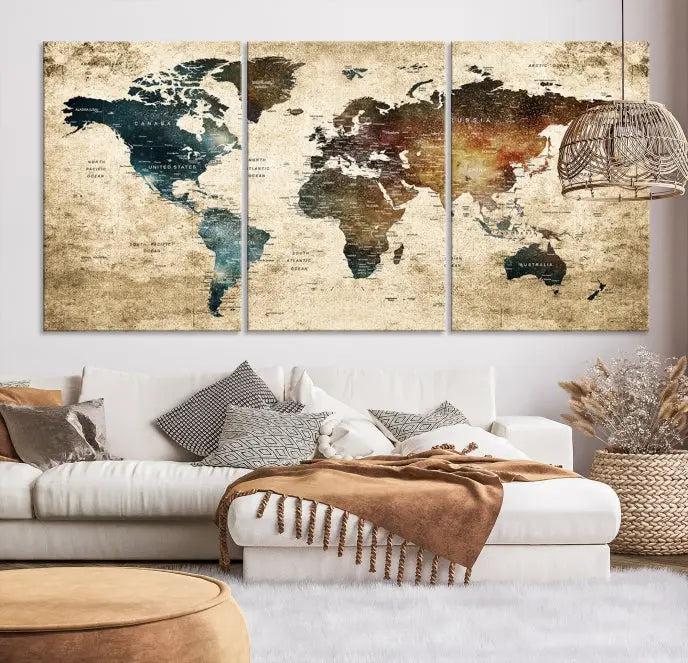 This elegant framed travel wall art print, featuring a grunge world map design, beautifully enhances the space, all gracefully highlighted under soft lighting.