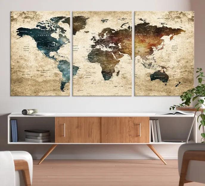 This elegant framed travel wall art print, featuring a grunge world map design, beautifully enhances the space, all gracefully highlighted under soft lighting.