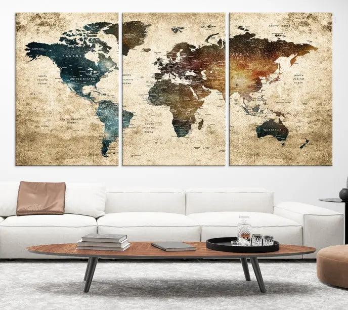 This elegant framed travel wall art print, featuring a grunge world map design, beautifully enhances the space, all gracefully highlighted under soft lighting.