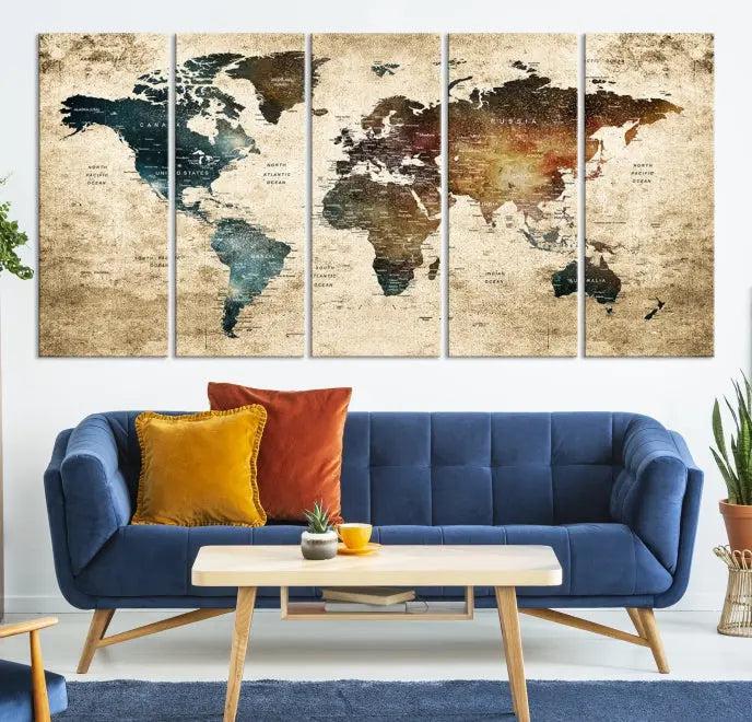 This elegant framed travel wall art print, featuring a grunge world map design, beautifully enhances the space, all gracefully highlighted under soft lighting.