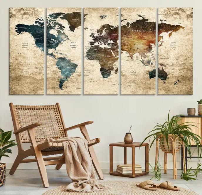 This elegant framed travel wall art print, featuring a grunge world map design, beautifully enhances the space, all gracefully highlighted under soft lighting.