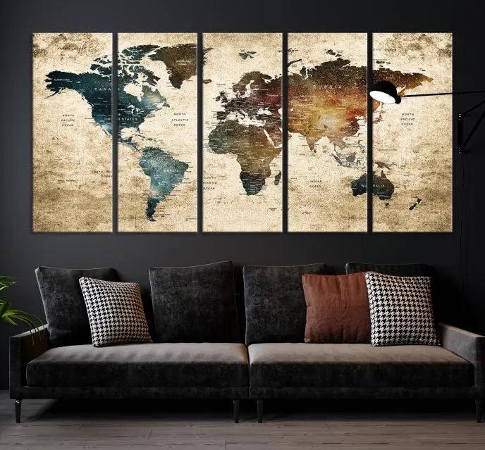 This elegant framed travel wall art print, featuring a grunge world map design, beautifully enhances the space, all gracefully highlighted under soft lighting.