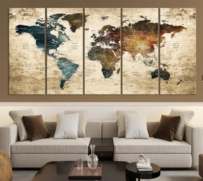 This elegant framed travel wall art print, featuring a grunge world map design, beautifully enhances the space, all gracefully highlighted under soft lighting.