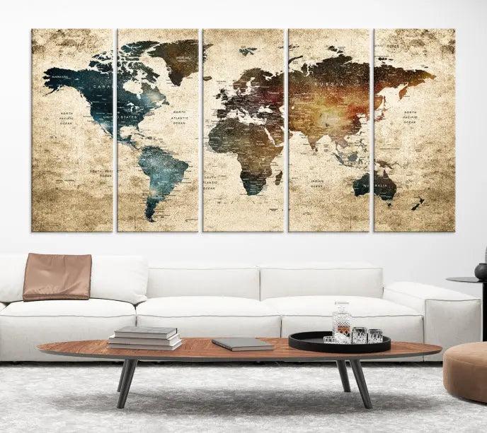 This elegant framed travel wall art print, featuring a grunge world map design, beautifully enhances the space, all gracefully highlighted under soft lighting.