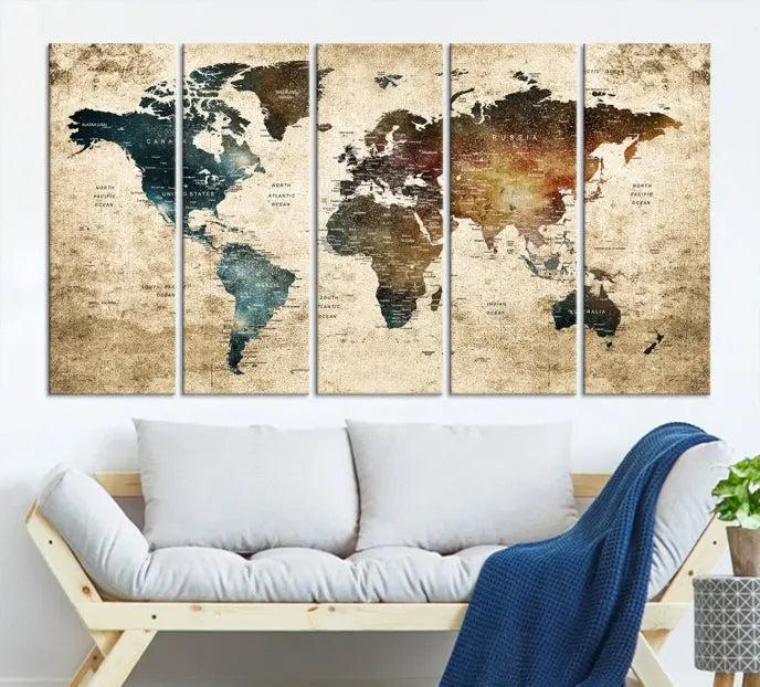 This elegant framed travel wall art print, featuring a grunge world map design, beautifully enhances the space, all gracefully highlighted under soft lighting.