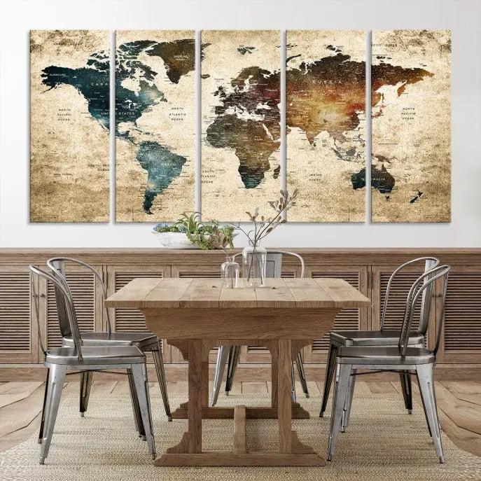 This elegant framed travel wall art print, featuring a grunge world map design, beautifully enhances the space, all gracefully highlighted under soft lighting.