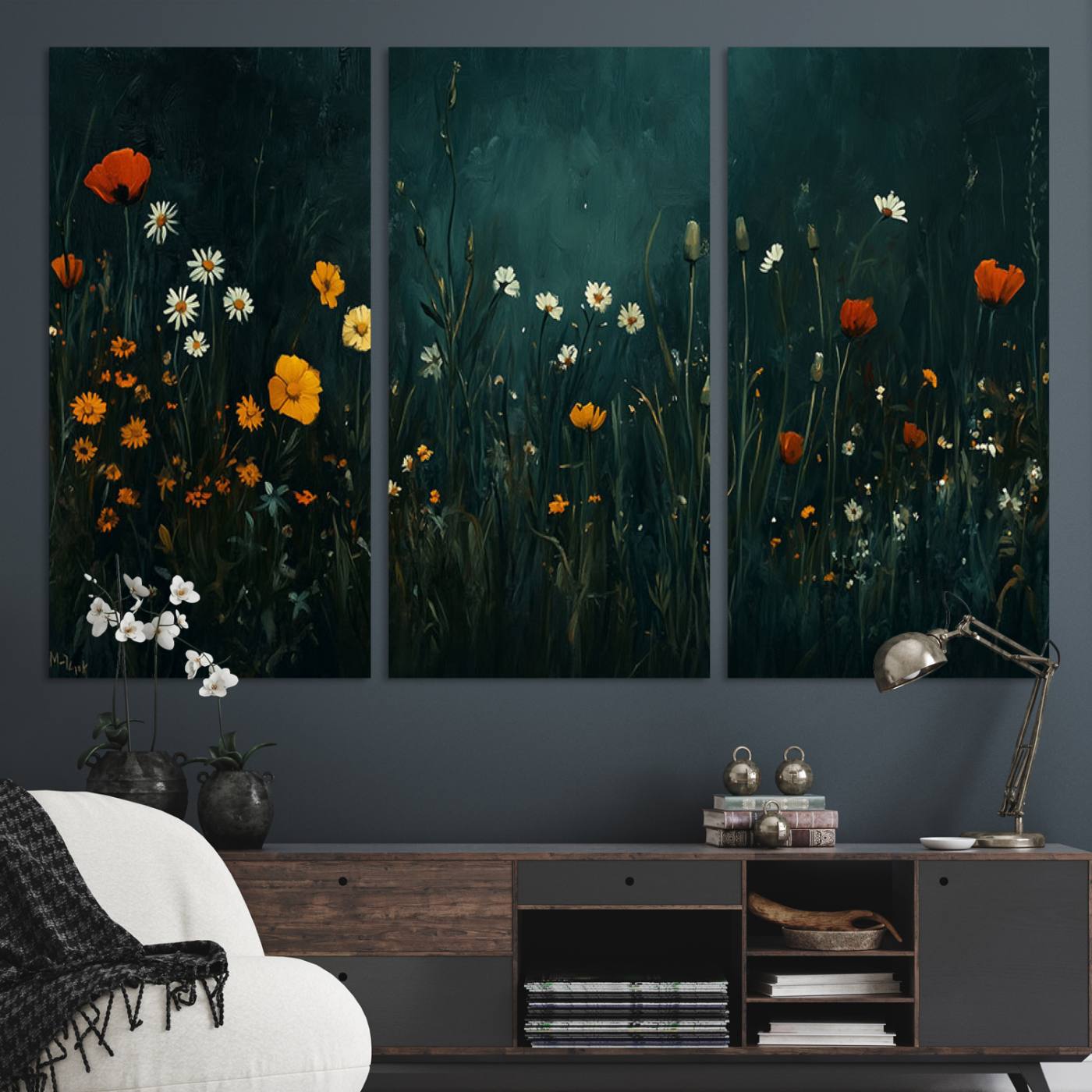 87037-MGV-CV-48X32-3P-Framed Wildflower Field Wall Art, Framed Vintage Botanical Landscape Sign, Floral Decor, Modern Flowers Farmhouse Canvas Art