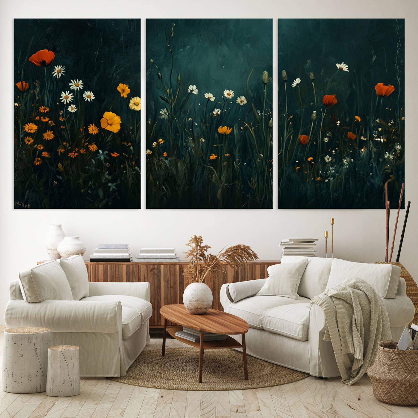 87037-MGV-CV-60X30-3P-Framed Wildflower Field Wall Art, Framed Vintage Botanical Landscape Sign, Floral Decor, Modern Flowers Farmhouse Canvas Art