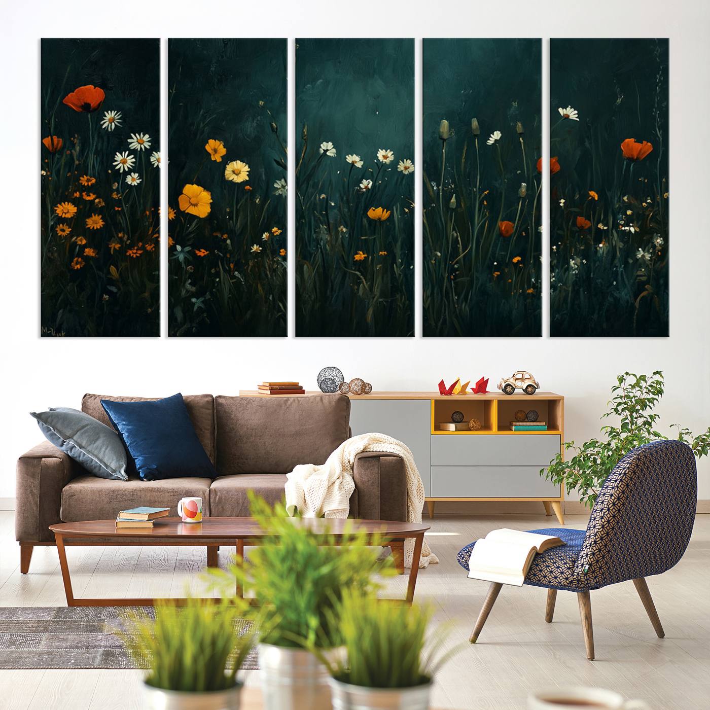 87037-MGV-CV-60X31-5P-Framed Wildflower Field Wall Art, Framed Vintage Botanical Landscape Sign, Floral Decor, Modern Flowers Farmhouse Canvas Art