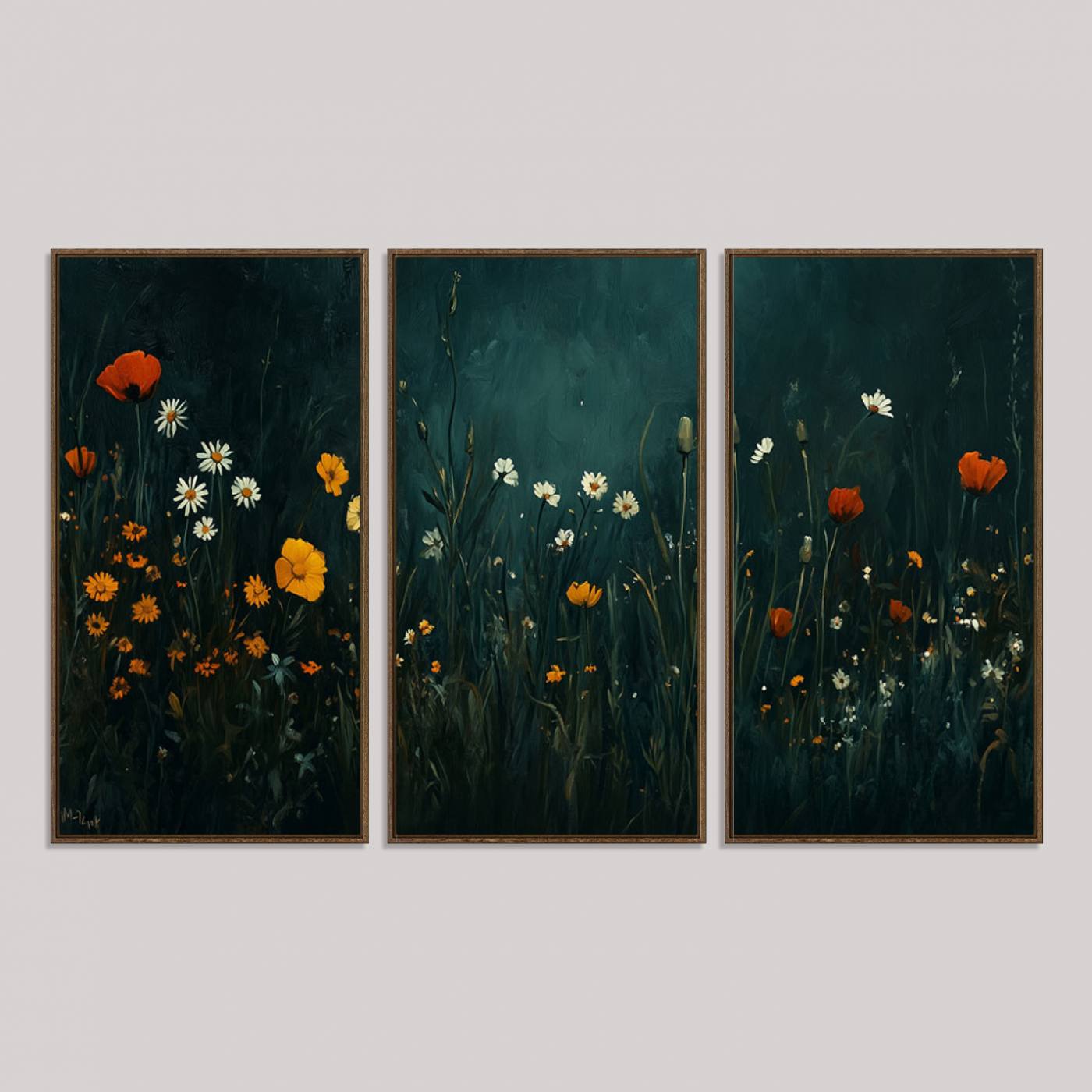 87037-MGV-FC-48X32-3P_Walnut-Framed Wildflower Field Wall Art, Framed Vintage Botanical Landscape Sign, Floral Decor, Modern Flowers Farmhouse Canvas Art
