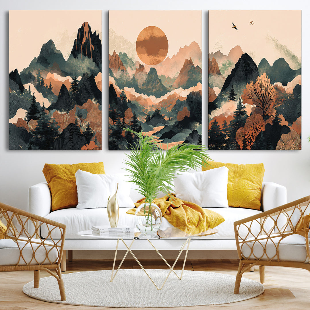 Framed Wood Mountain Print, Sunset Hills Print, Framed Abstract Nature Art Print, Large Serene Valley Printing Perfect for Boho Decor