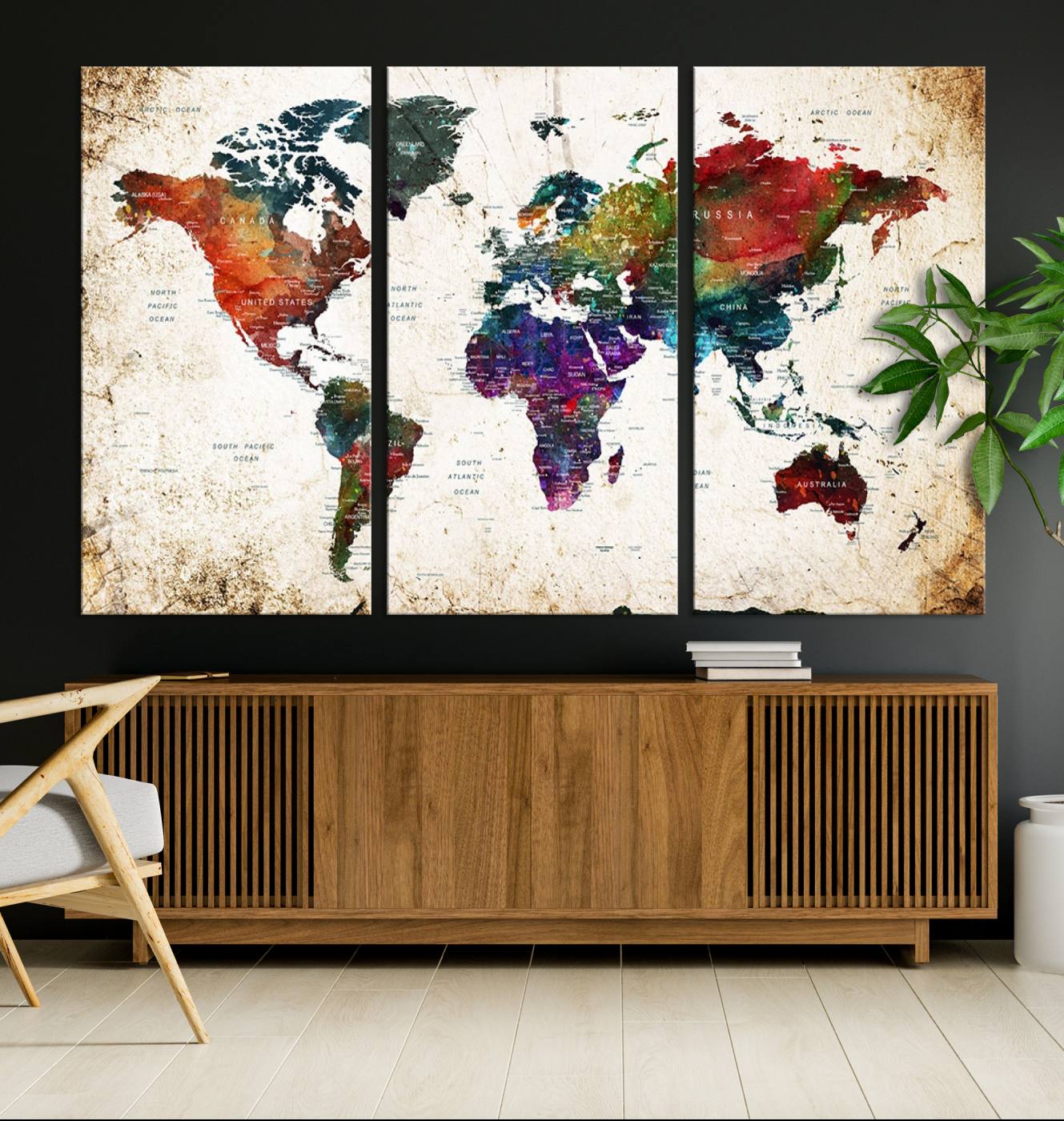 38650-MGV-CV-36X24-Colorful World Map Canvas Wall Art – Framed Watercolor World Map Print, Vibrant Travel Inspired Artwork for Home and Office Decor
