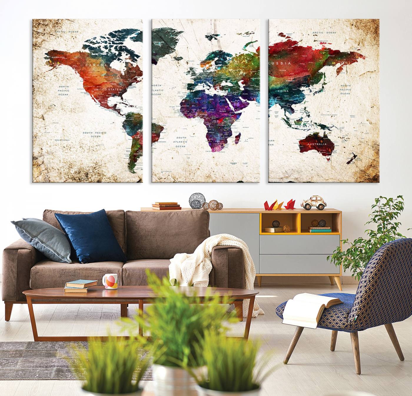 38650-MGV-CV-36X24-Colorful World Map Canvas Wall Art – Framed Watercolor World Map Print, Vibrant Travel Inspired Artwork for Home and Office Decor
