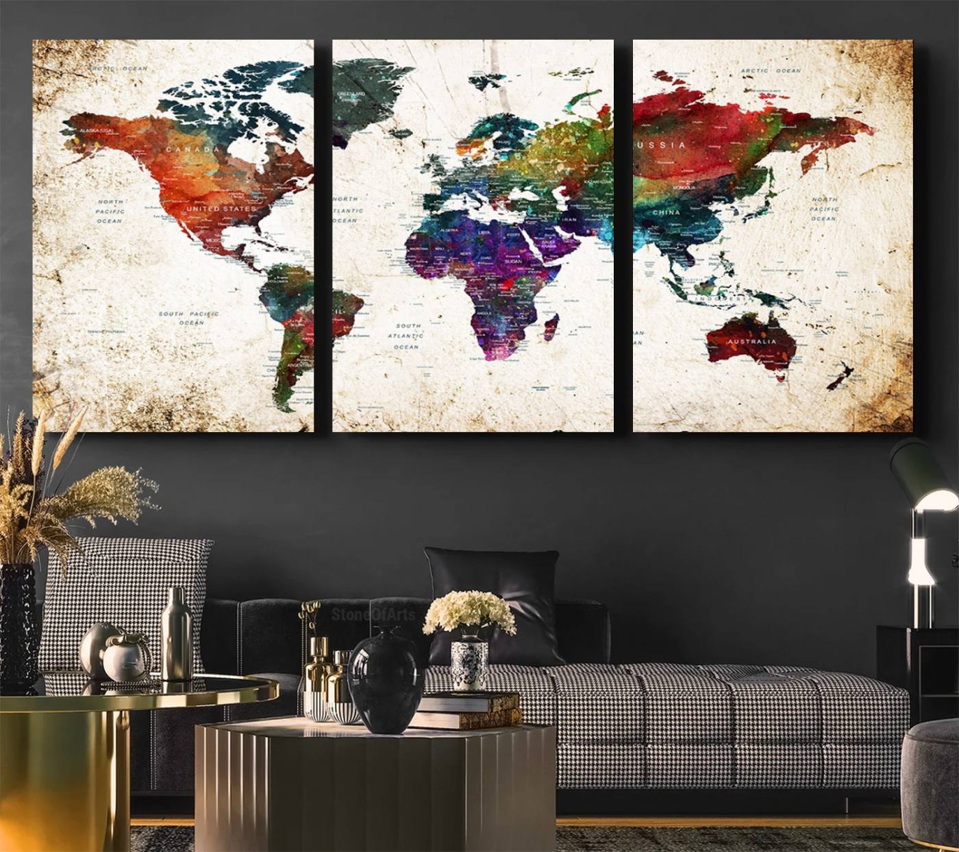 38650-MGV-CV-36X24-Colorful World Map Canvas Wall Art – Framed Watercolor World Map Print, Vibrant Travel Inspired Artwork for Home and Office Decor