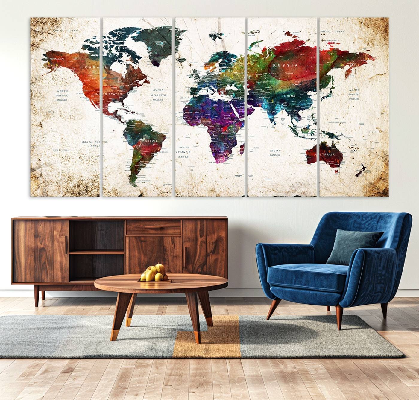 38650-MGV-CV-36X24-Colorful World Map Canvas Wall Art – Framed Watercolor World Map Print, Vibrant Travel Inspired Artwork for Home and Office Decor